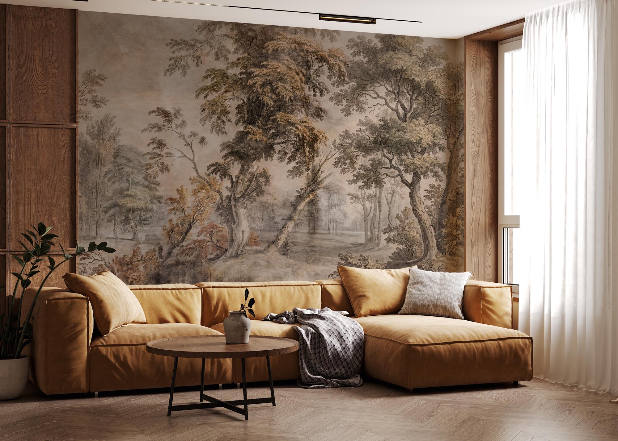 Sepia Forest Wallpaper -Vintage Nature Wall Mural - Classic Interior Decor - Custom Size Wallpaper - View 5