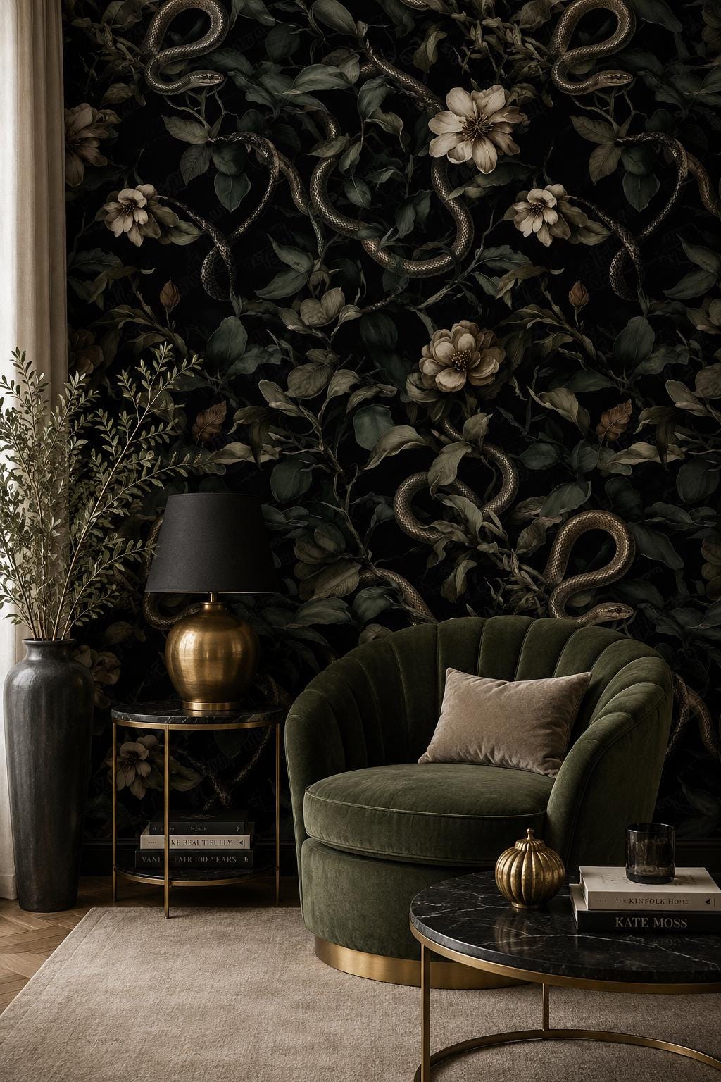 Dark Floral Snake Wallpaper: Gothic Botanical Removable Decor Peel and Stick Wall Mural