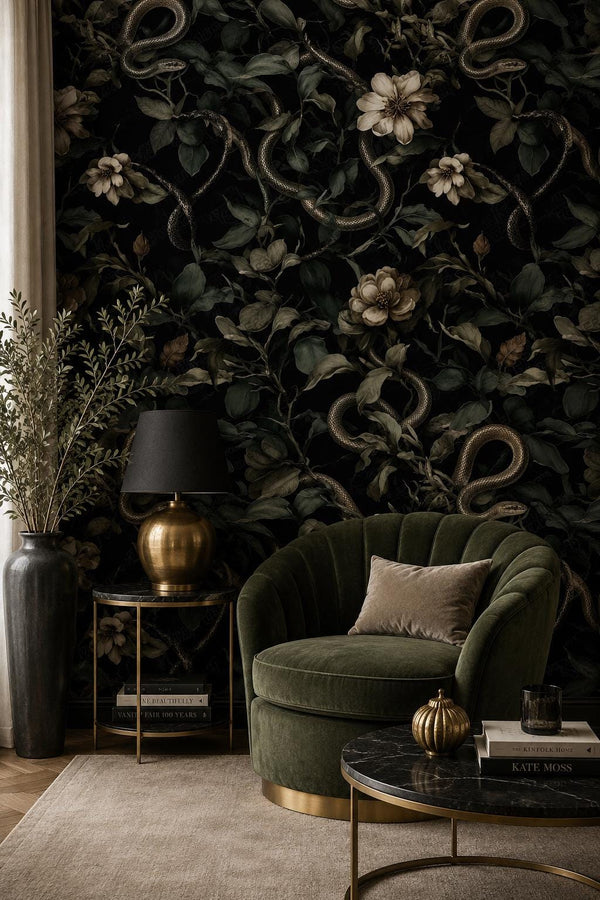 Dark Floral Snake Wallpaper: Gothic Botanical Removable Decor Peel and Stick Wall Mural