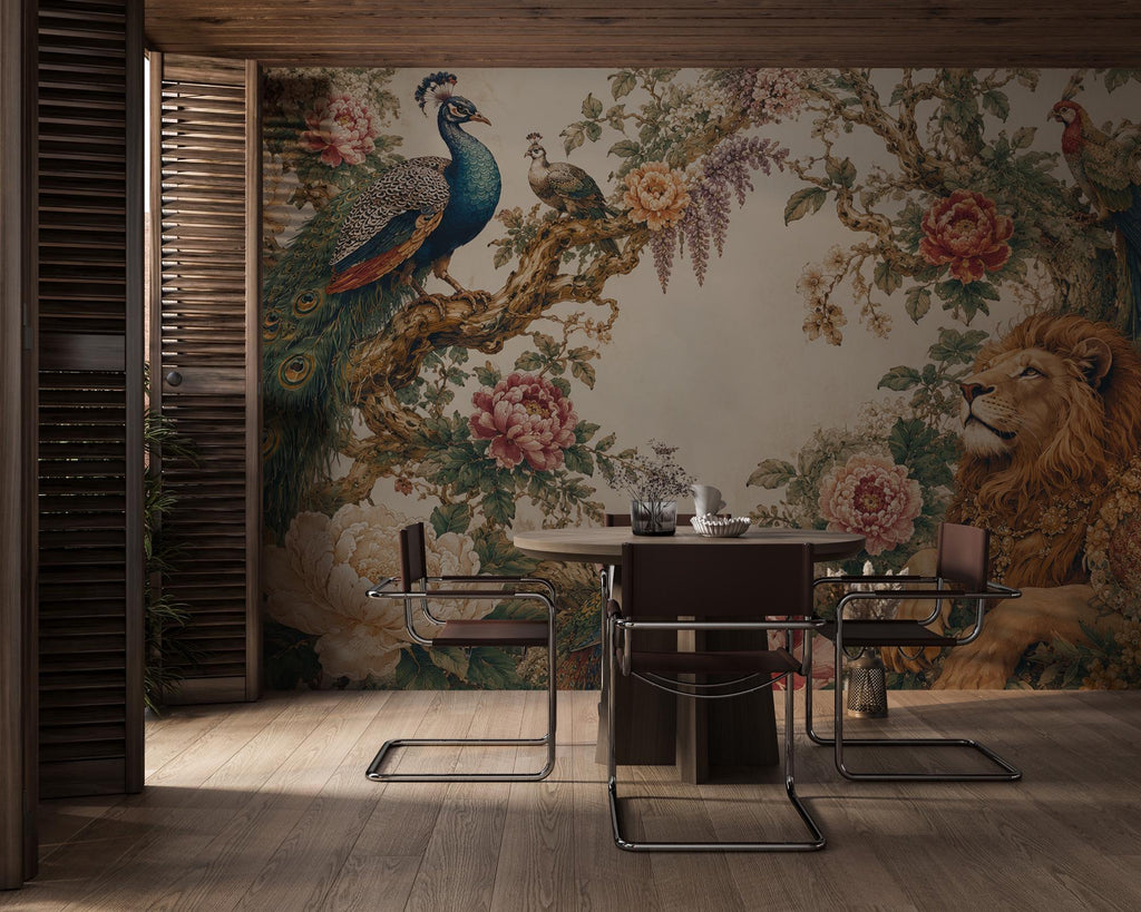 Peacock Lion Wallpaper - Chinoiserie Floral Wall Mural - Luxury Living Room Decor - Custom Size Wallpaper - View 4