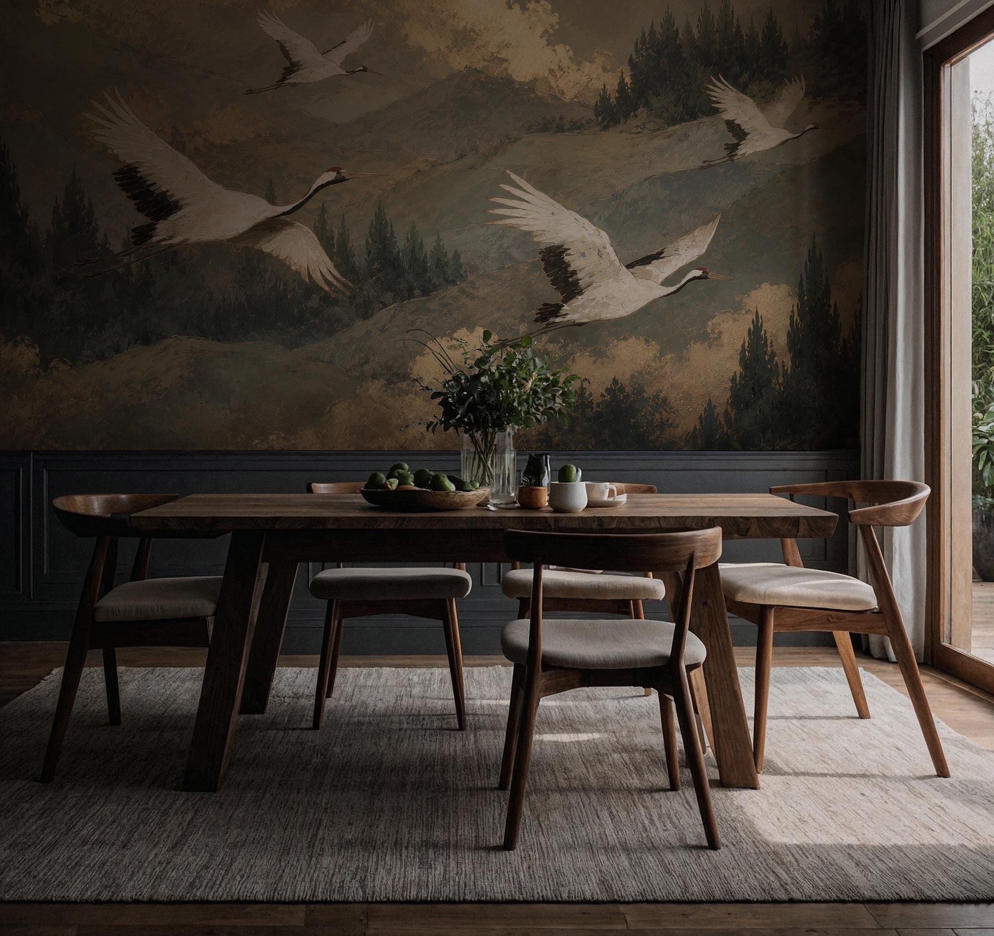 Red Crowned Crane Wallpaper - Woodland Mountain Wall Mural-Size Wallpaper - View 3