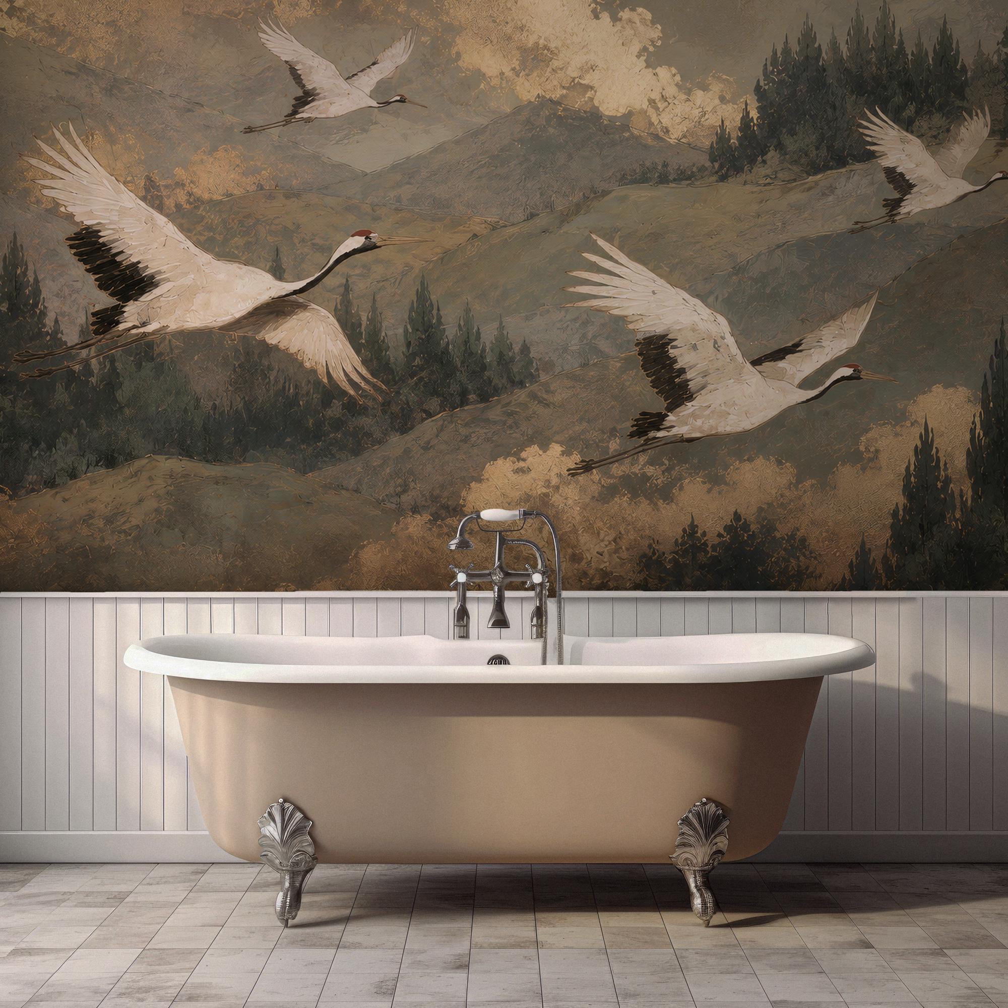 Red Crowned Crane Wallpaper - Woodland Mountain Wall Mural-Size Wallpaper - View 5
