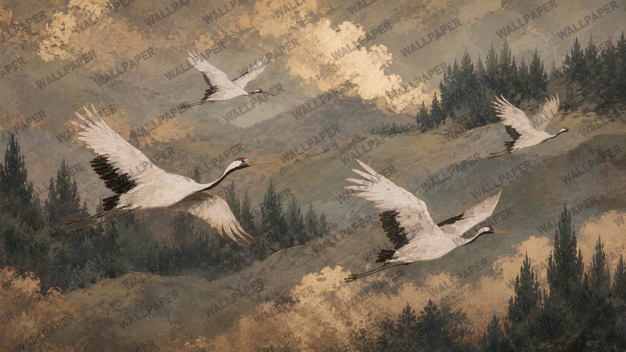 Red Crowned Crane Wallpaper - Woodland Mountain Wall Mural-Size Wallpaper - View 2