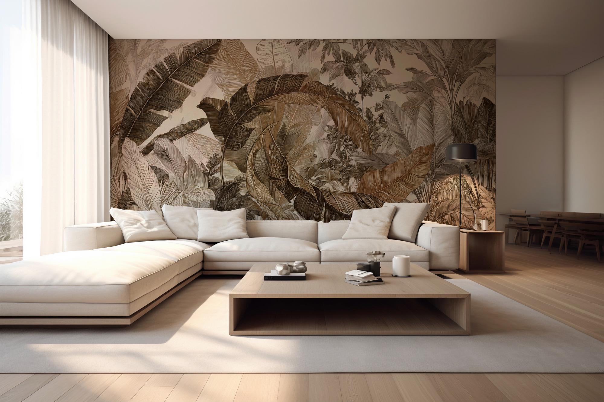 Tropical Leaf Peel and Stick Wallpaper, Boho Jungle Wall Mural, Neutral Botanical Removable Wallpaper - View 2