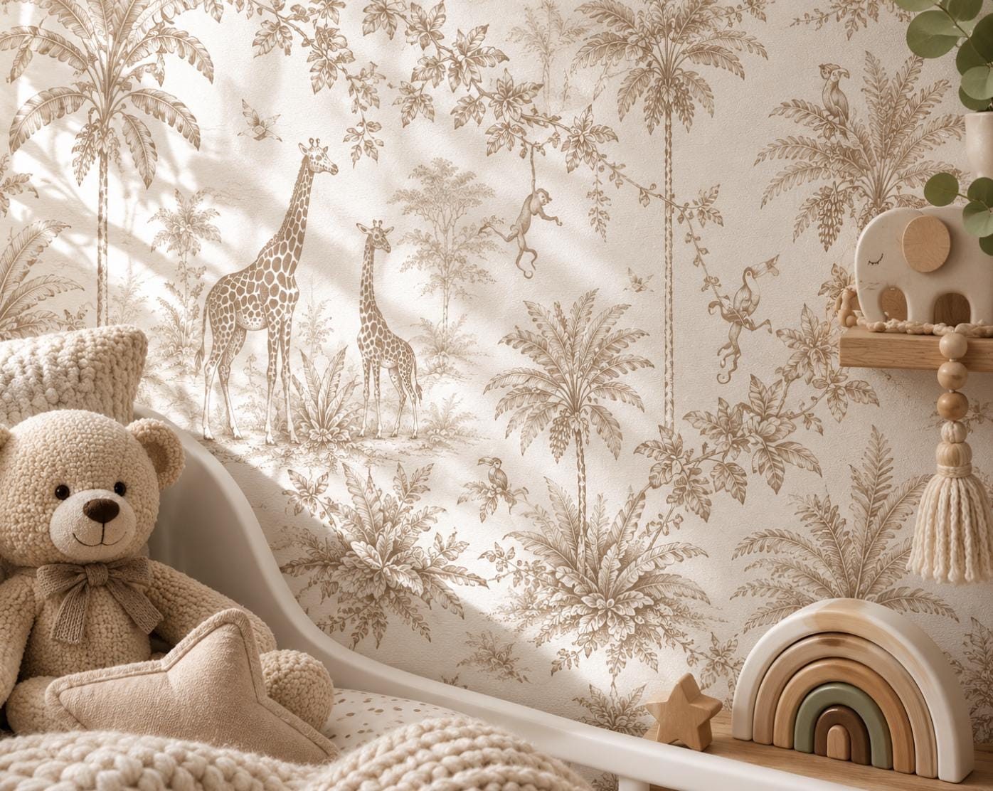 Safari Toile Peel and Stick Wallpaper, Jungle Animal Wall Mural, Removable Wallpaper