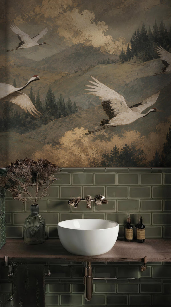 Red Crowned Crane Wallpaper - Woodland Mountain Wall Mural-Size Wallpaper