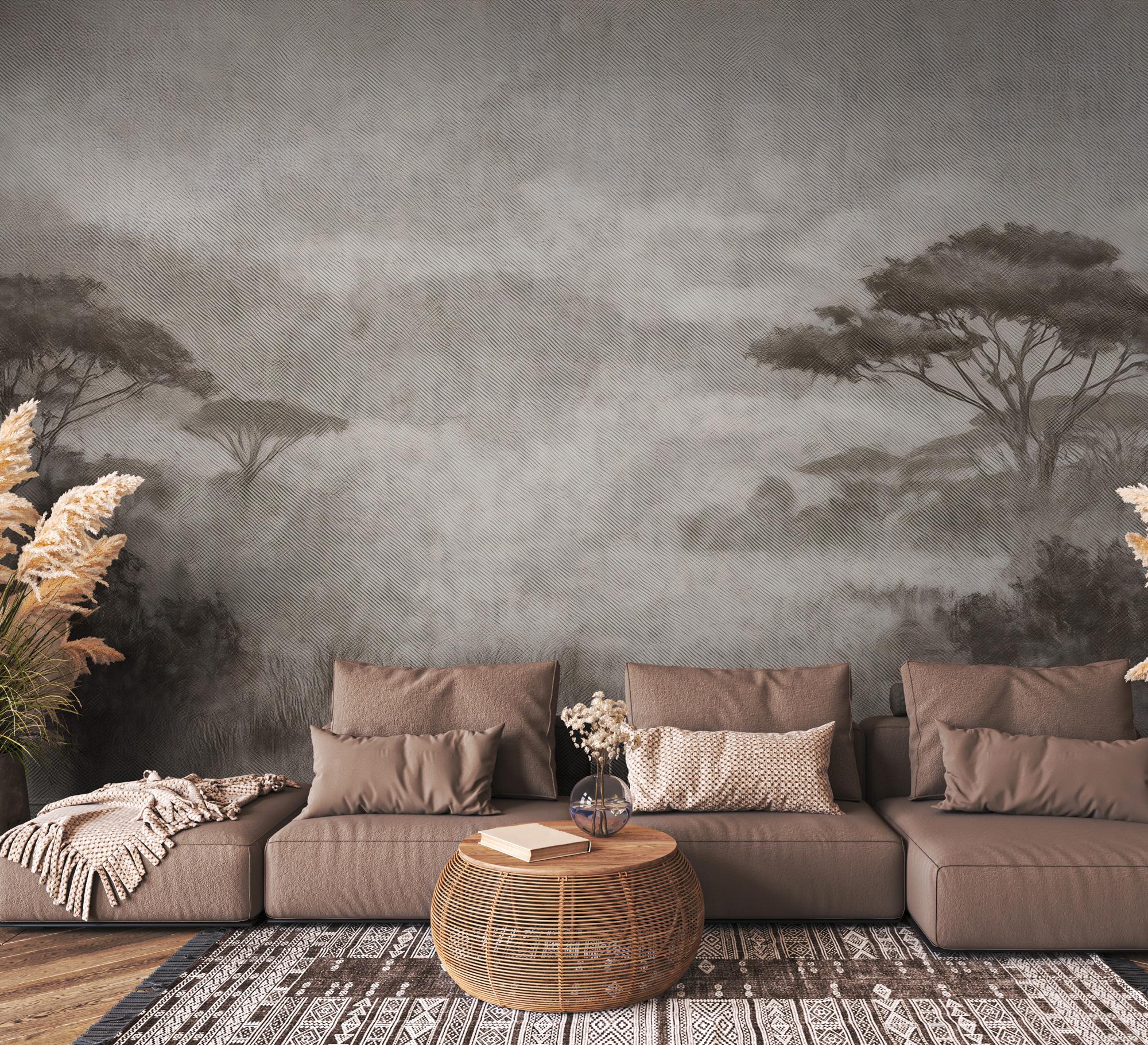 Misty Forest Wallpaper: Sepia Nature Scene, Peel and Stick Wall Mural