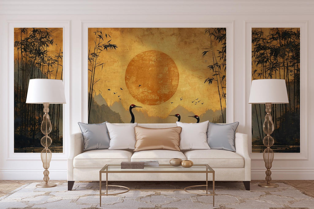 Japanese Crane Peel and Stick Wallpaper - Oriental Sunset Wall Mural - Bamboo Vintage Removable Wallpaper - View 2