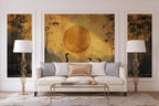 Japanese Crane Peel and Stick Wallpaper - Oriental Sunset Wall Mural - Bamboo Vintage Removable Wallpaper - View 2