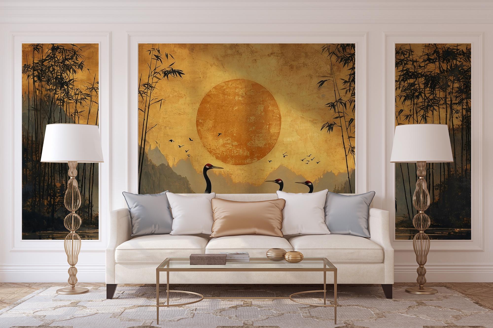Japanese Crane Peel and Stick Wallpaper - Oriental Sunset Wall Mural - Bamboo Vintage Removable Wallpaper - View 2