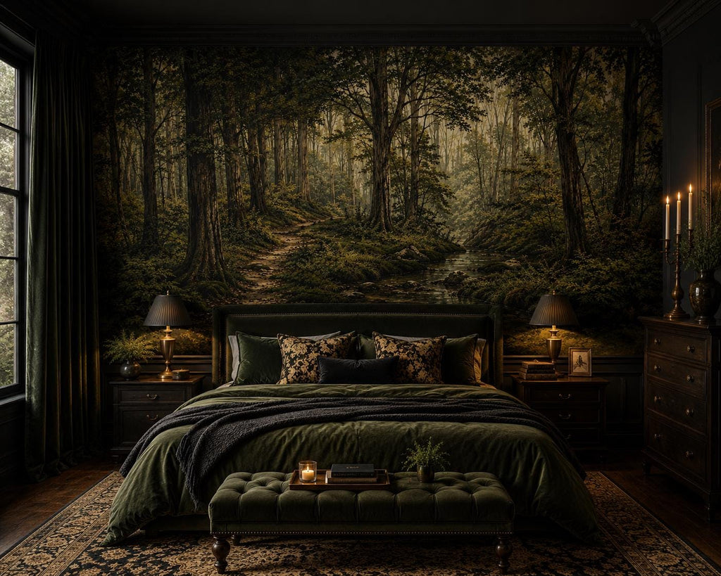 Woodland Wallpaper, Forest Path Mural, Scenic Nature Decor, Custom Size