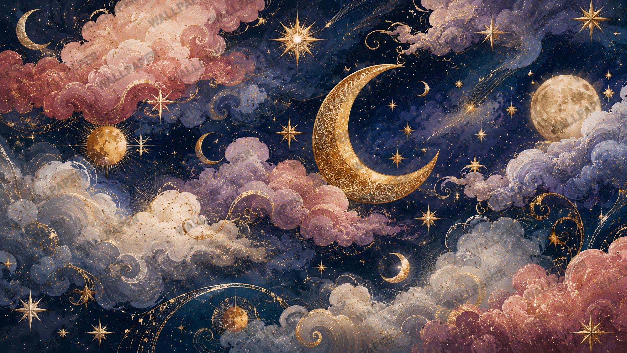 Galaxy Themed Wallpaper; Sky Wall Mural Decorated with the Moon and Stars, Peel and Stick - View 3
