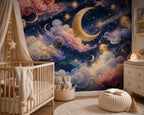 Galaxy Themed Wallpaper; Sky Wall Mural Decorated with the Moon and Stars, Peel and Stick - View 2