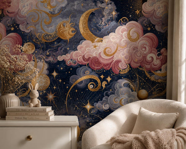 Galaxy Themed Wallpaper; Sky Wall Mural Decorated with the Moon and Stars, Peel and Stick