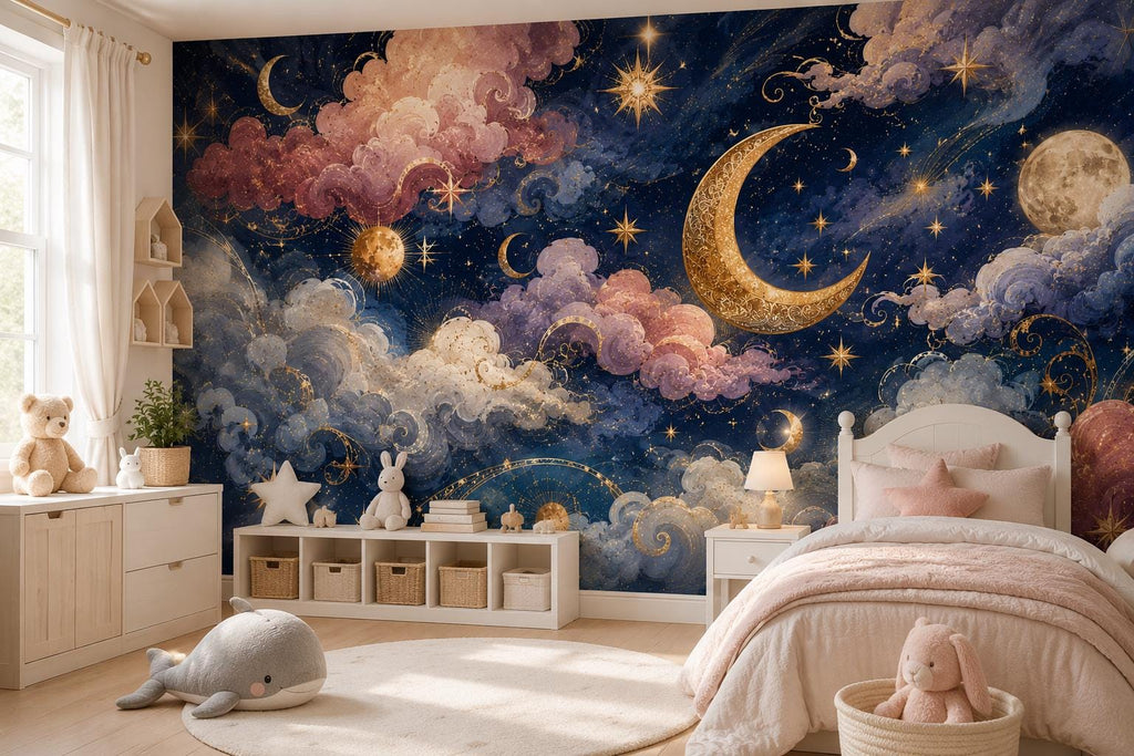 Galaxy Themed Wallpaper; Sky Wall Mural Decorated with the Moon and Stars, Peel and Stick - View 4