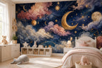 Galaxy Themed Wallpaper; Sky Wall Mural Decorated with the Moon and Stars, Peel and Stick - View 4