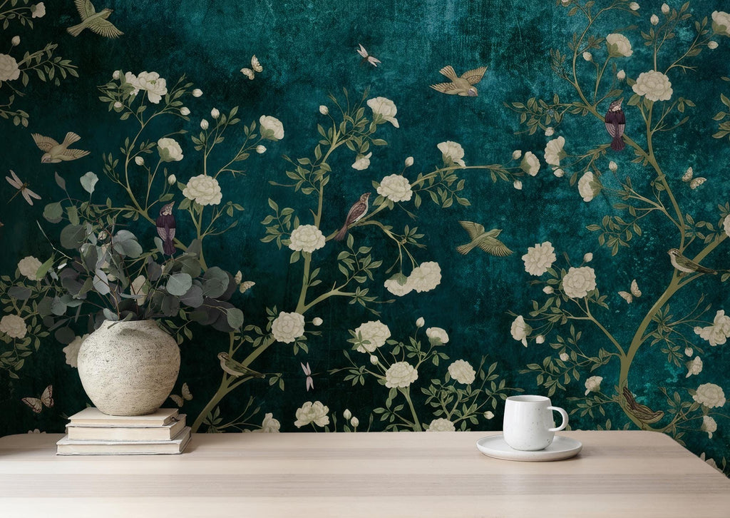 Bird Botanical Wallpaper - Dark Green Garden Wall Mural - Peel and Stick Wall - View 3