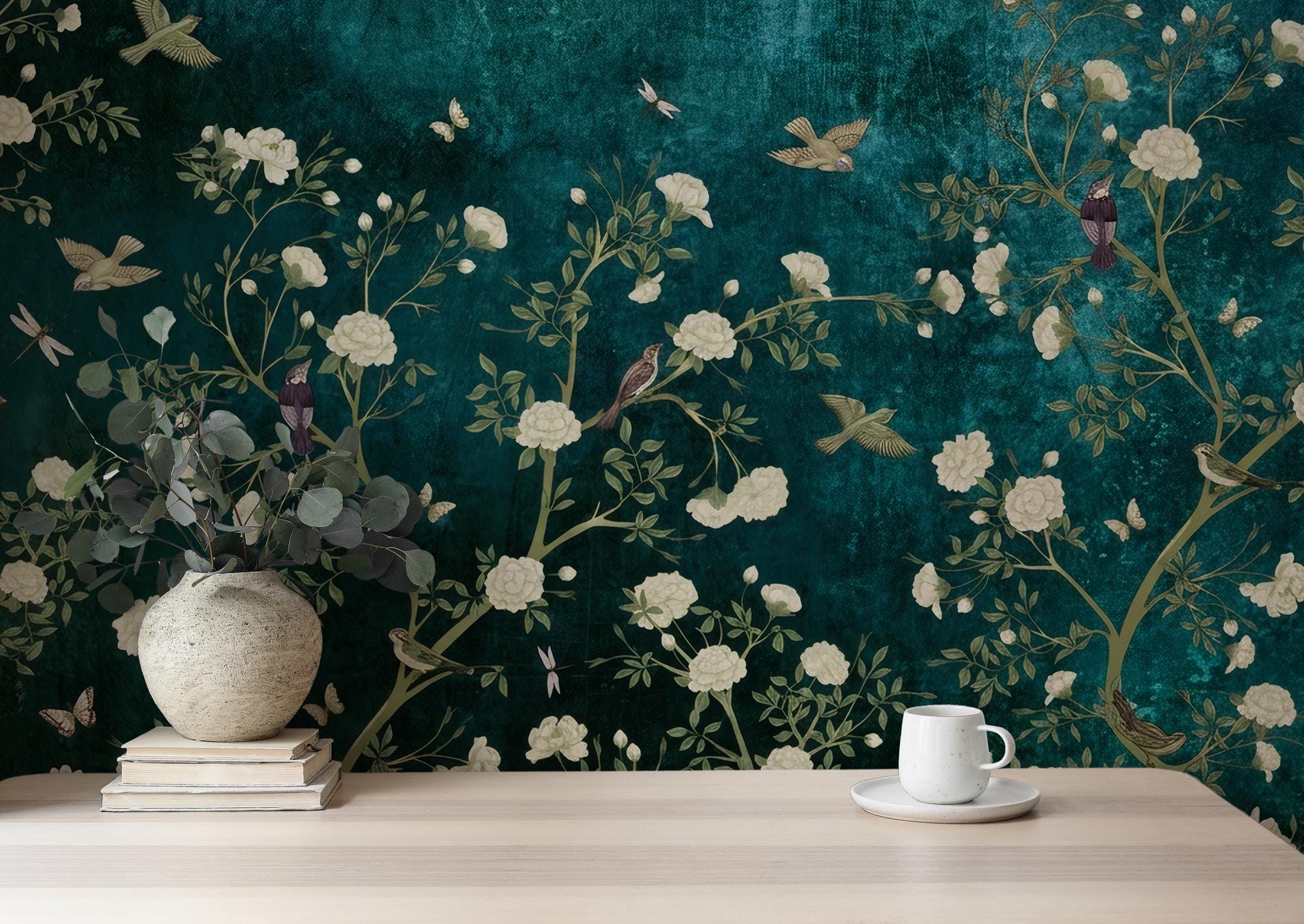 Bird Botanical Wallpaper - Dark Green Garden Wall Mural - Peel and Stick Wall - View 3