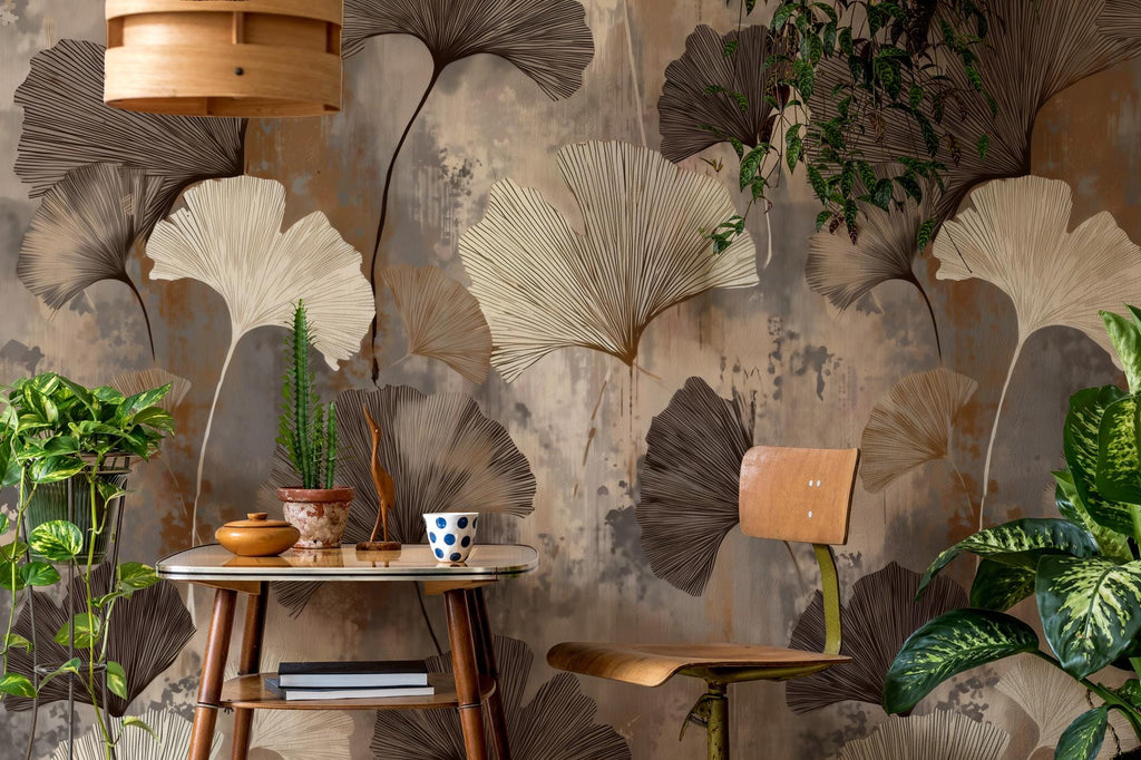 Ginkgo-Themed Wallpaper - Modern Abstract Botanical Wall Art - Custom Size - Removable Wallpaper with Leaf Pattern - View 2