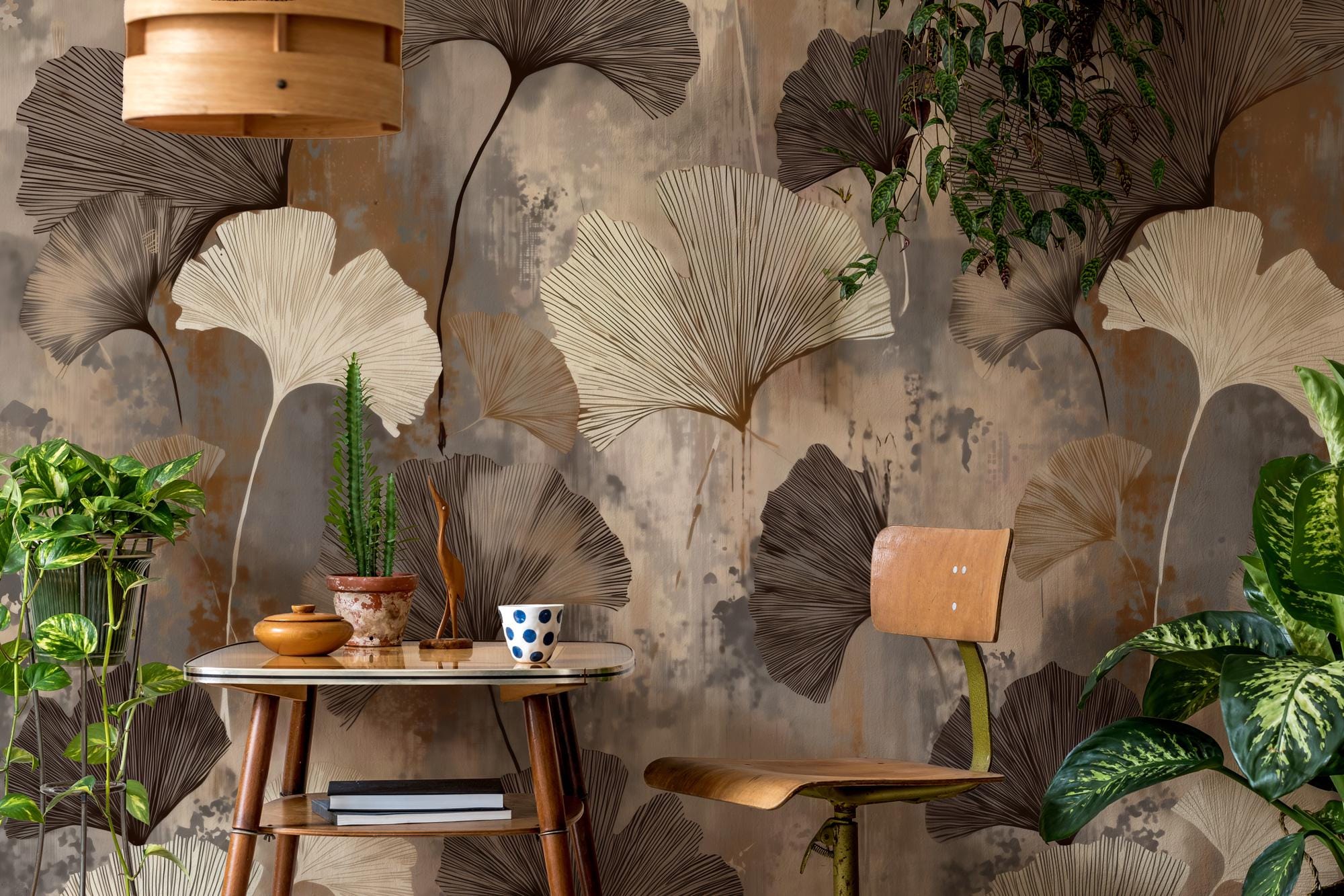 Ginkgo-Themed Wallpaper - Modern Abstract Botanical Wall Art - Custom Size - Removable Wallpaper with Leaf Pattern - View 2
