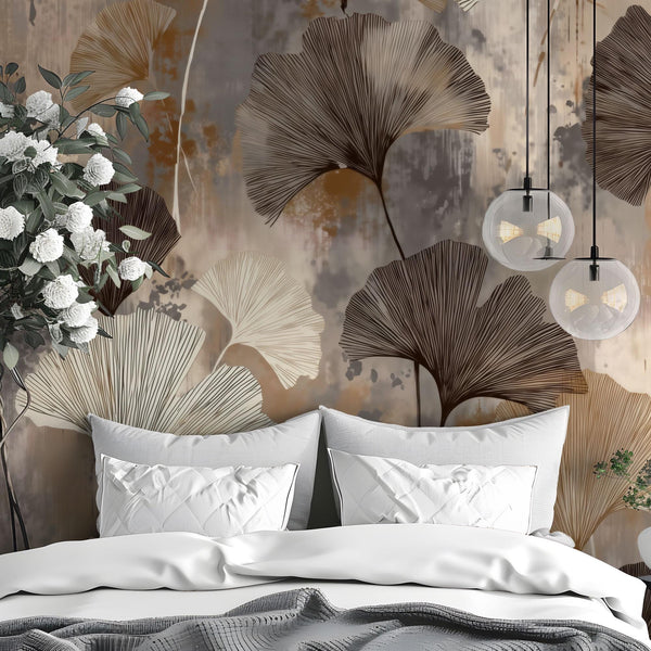 Ginkgo-Themed Wallpaper - Modern Abstract Botanical Wall Art - Custom Size - Removable Wallpaper with Leaf Pattern