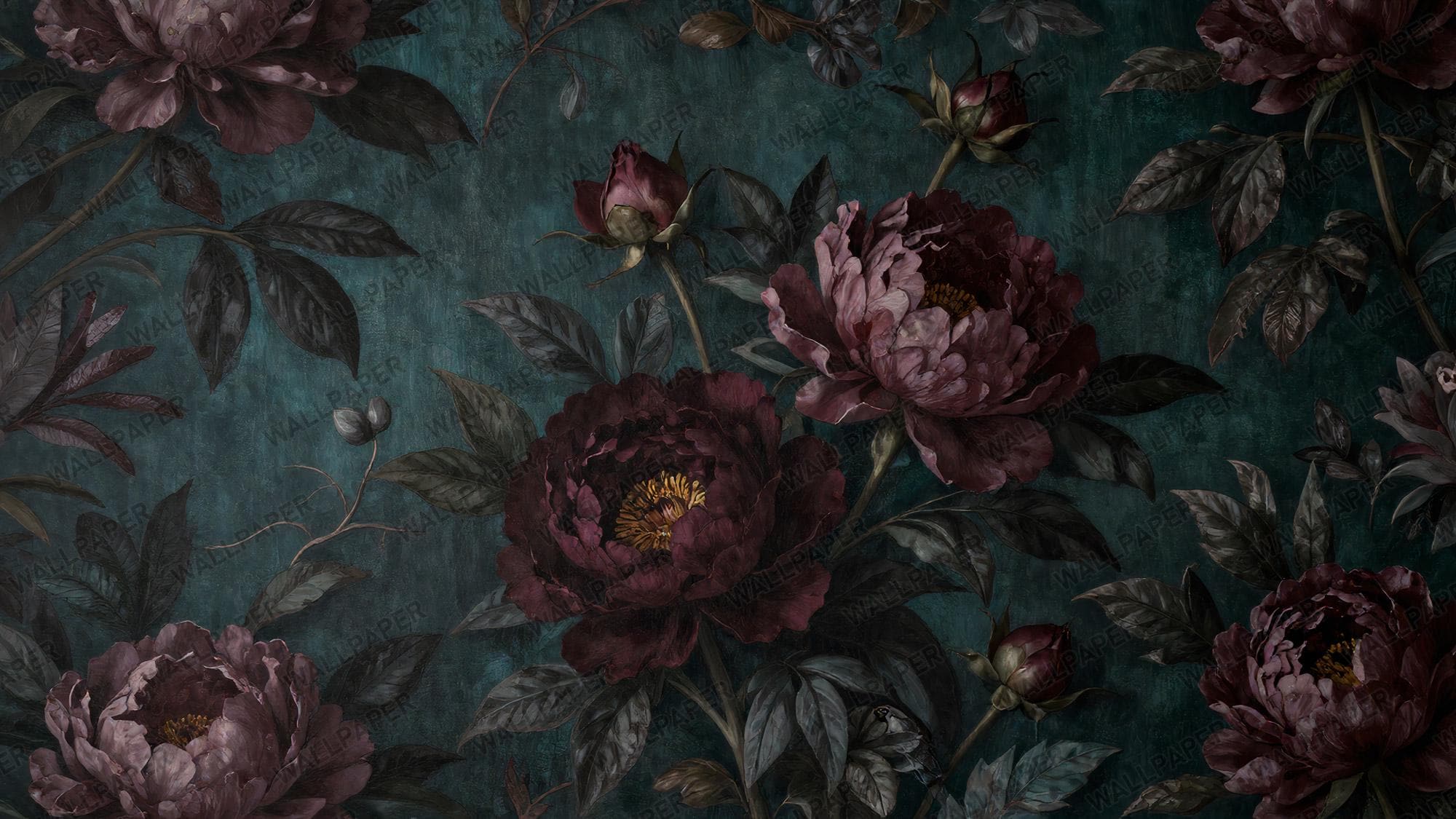 Teal Floral Wallpaper - Burgundy Peony Wall Mural - Maximalist Interior Decor - Custom Size - View 2