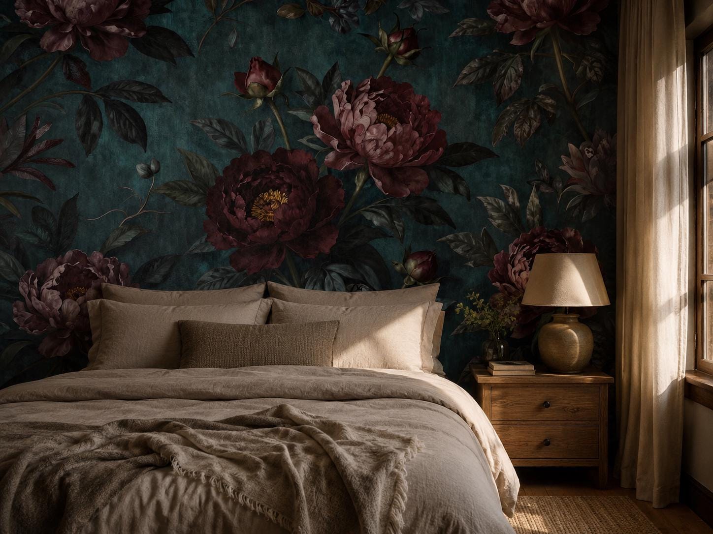 Teal Floral Wallpaper - Burgundy Peony Wall Mural - Maximalist Interior Decor - Custom Size - View 3
