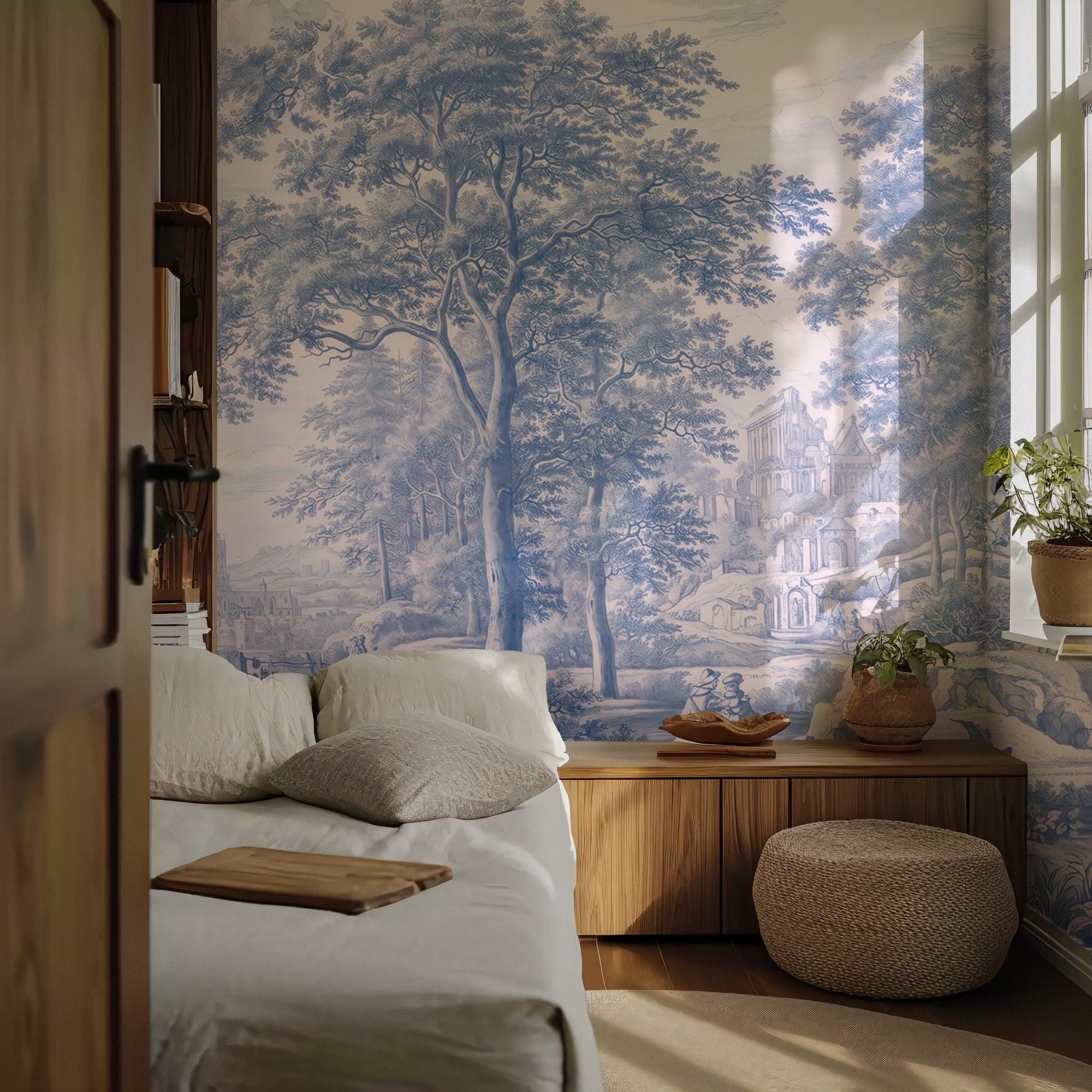 Blue Landscape Wallpaper-Vintage French Landscape Wall Mural-Custom Size Wallpaper - View 6