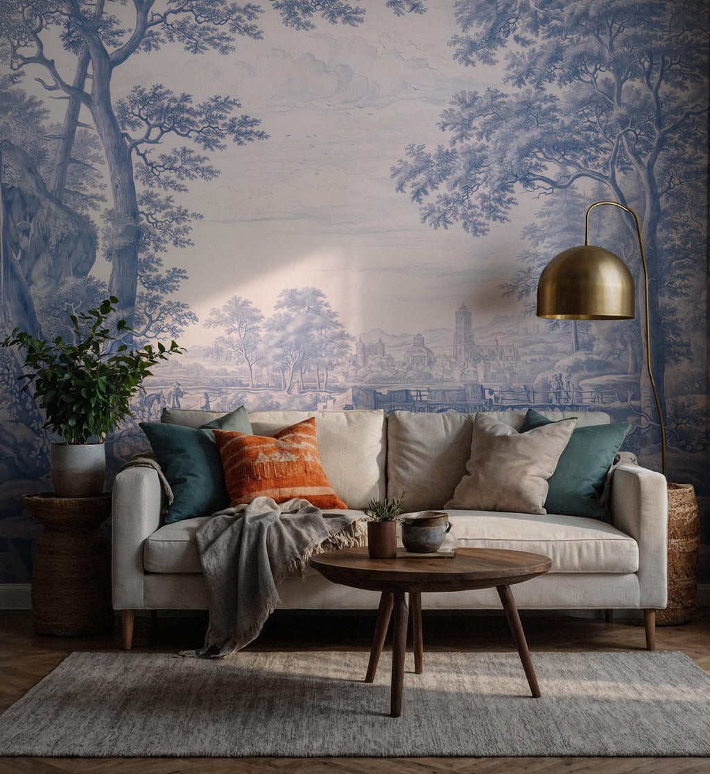 Blue Landscape Wallpaper-Vintage French Landscape Wall Mural-Custom Size Wallpaper - View 5