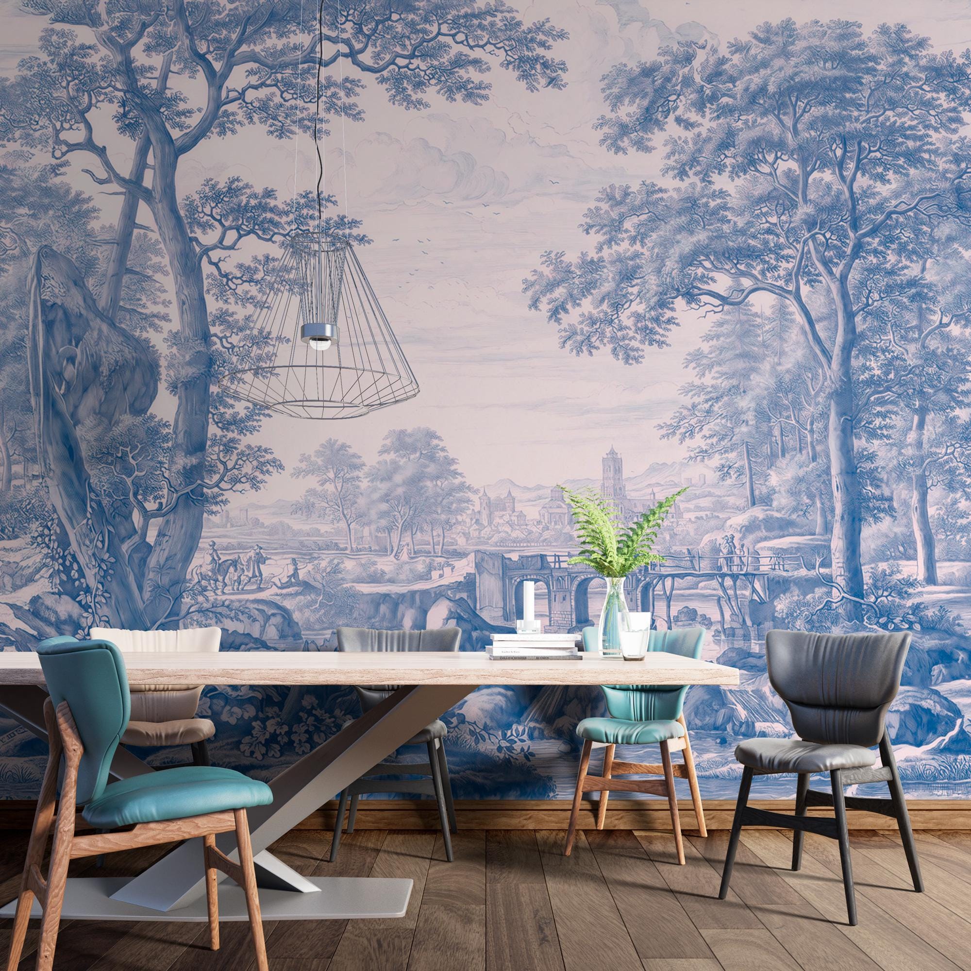 Blue Landscape Wallpaper-Vintage French Landscape Wall Mural-Custom Size Wallpaper - View 4