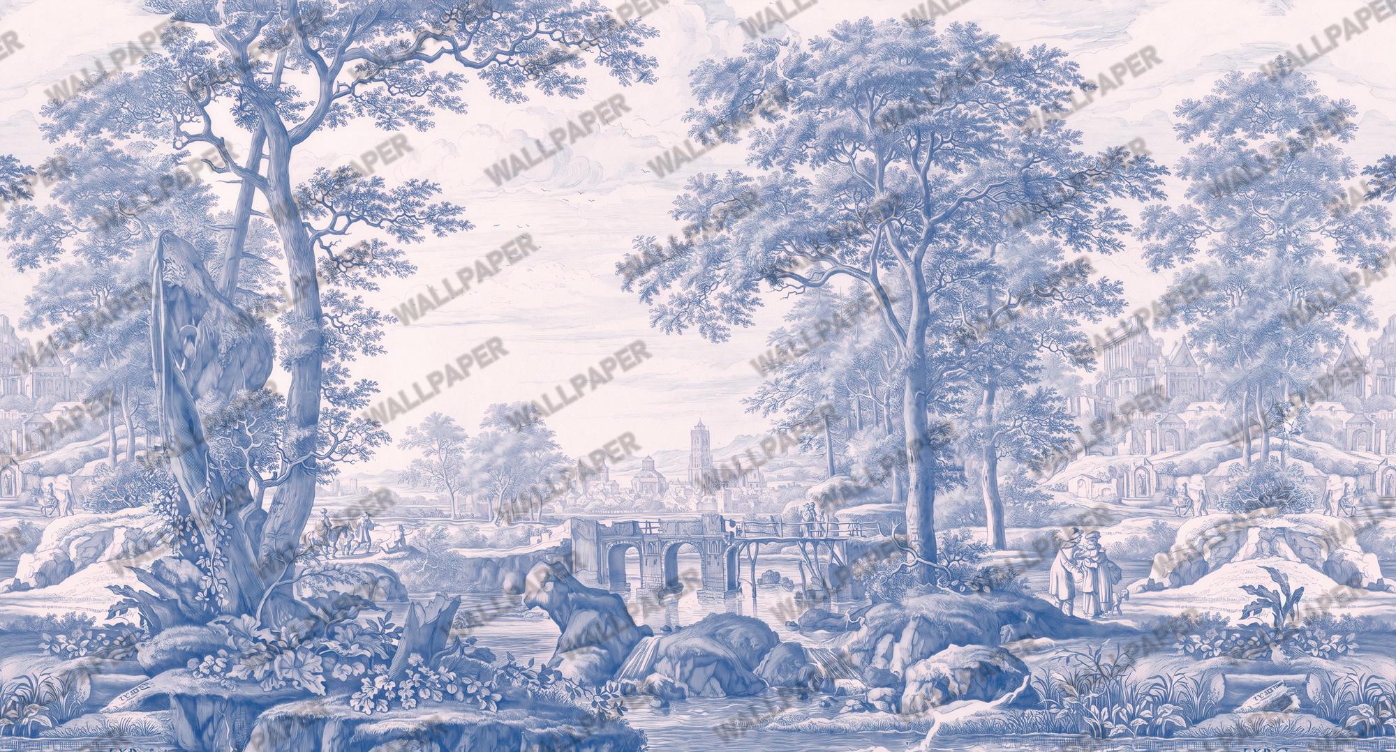 Blue Landscape Wallpaper-Vintage French Landscape Wall Mural-Custom Size Wallpaper - View 3