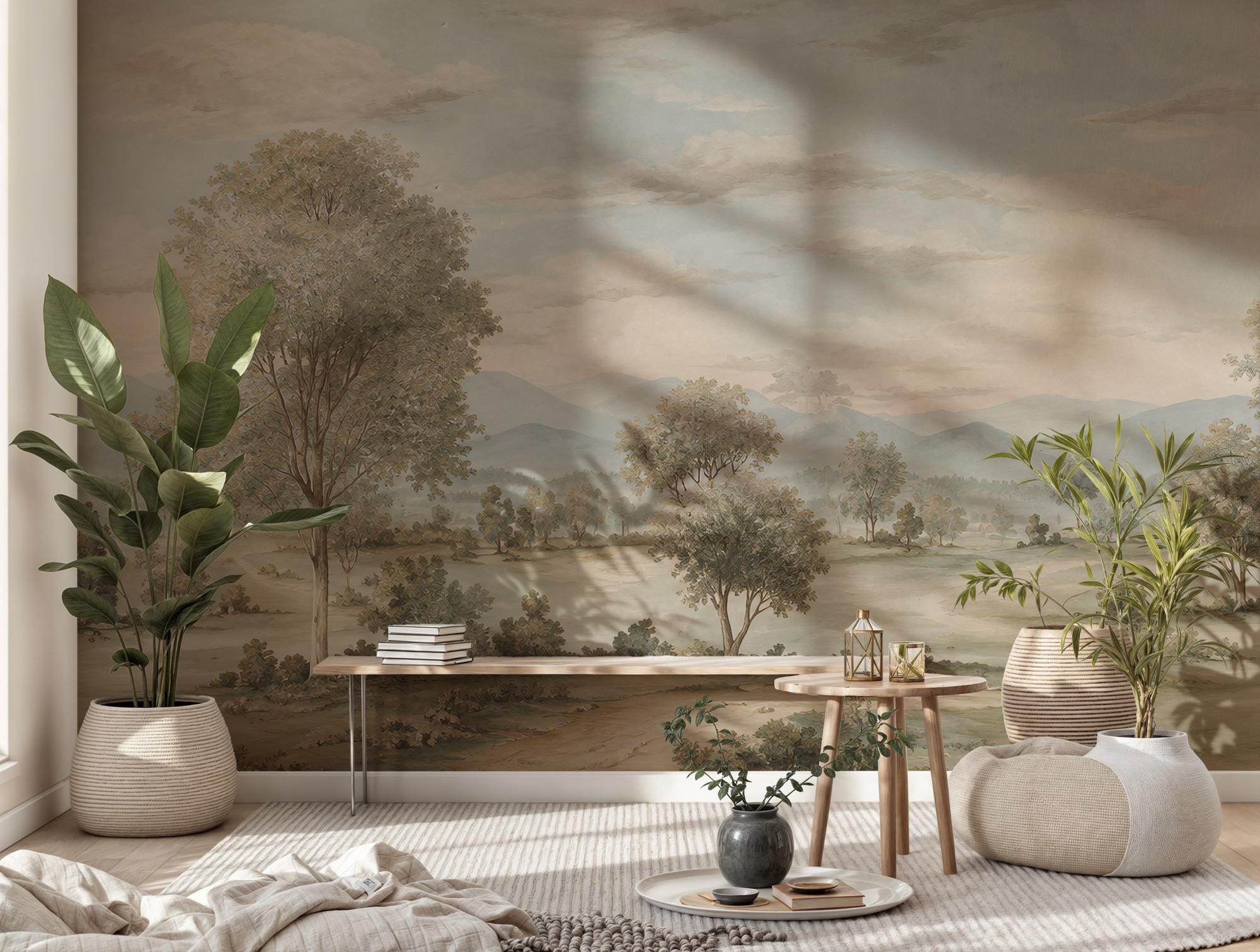 Vintage Landscape Wallpaper - French Countryside Wall Mural - Custom Size Wallpaper - View 2