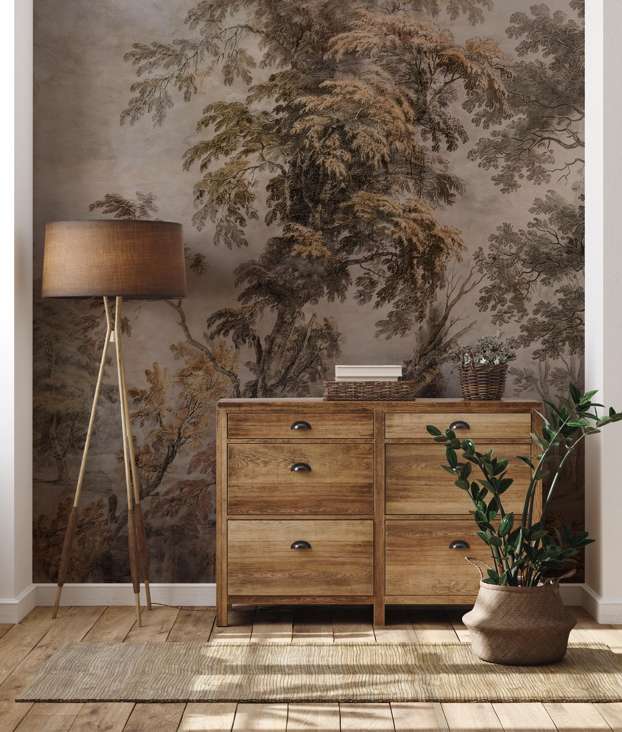 Sepia Forest Wallpaper -Vintage Nature Wall Mural - Classic Interior Decor - Custom Size Wallpaper - View 4