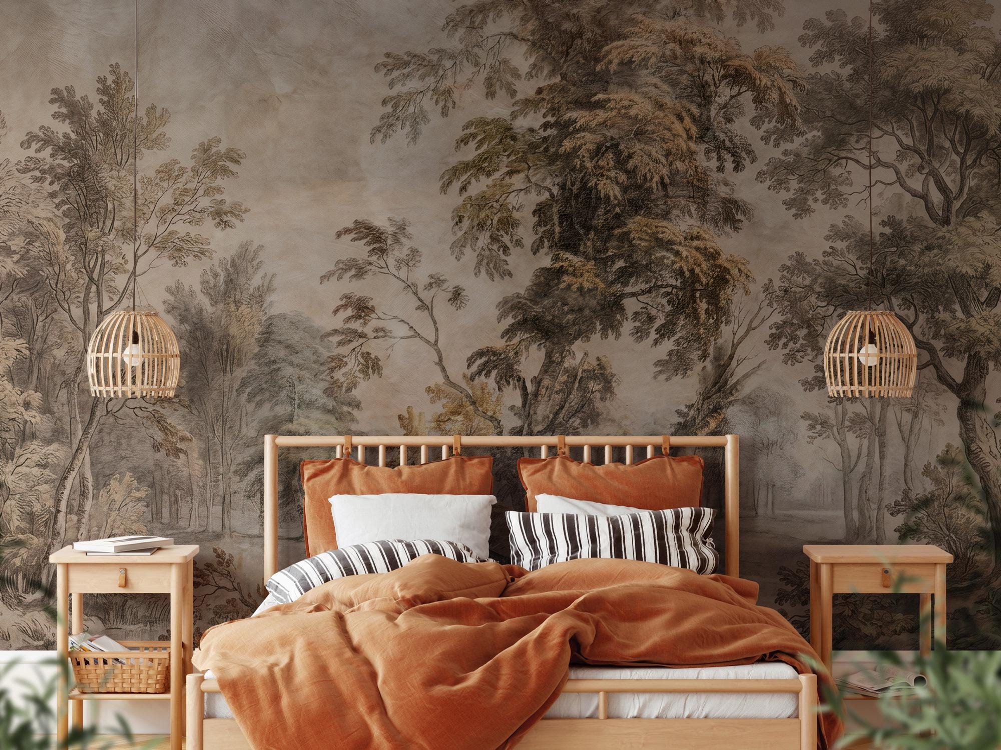 Sepia Forest Wallpaper -Vintage Nature Wall Mural - Classic Interior Decor - Custom Size Wallpaper