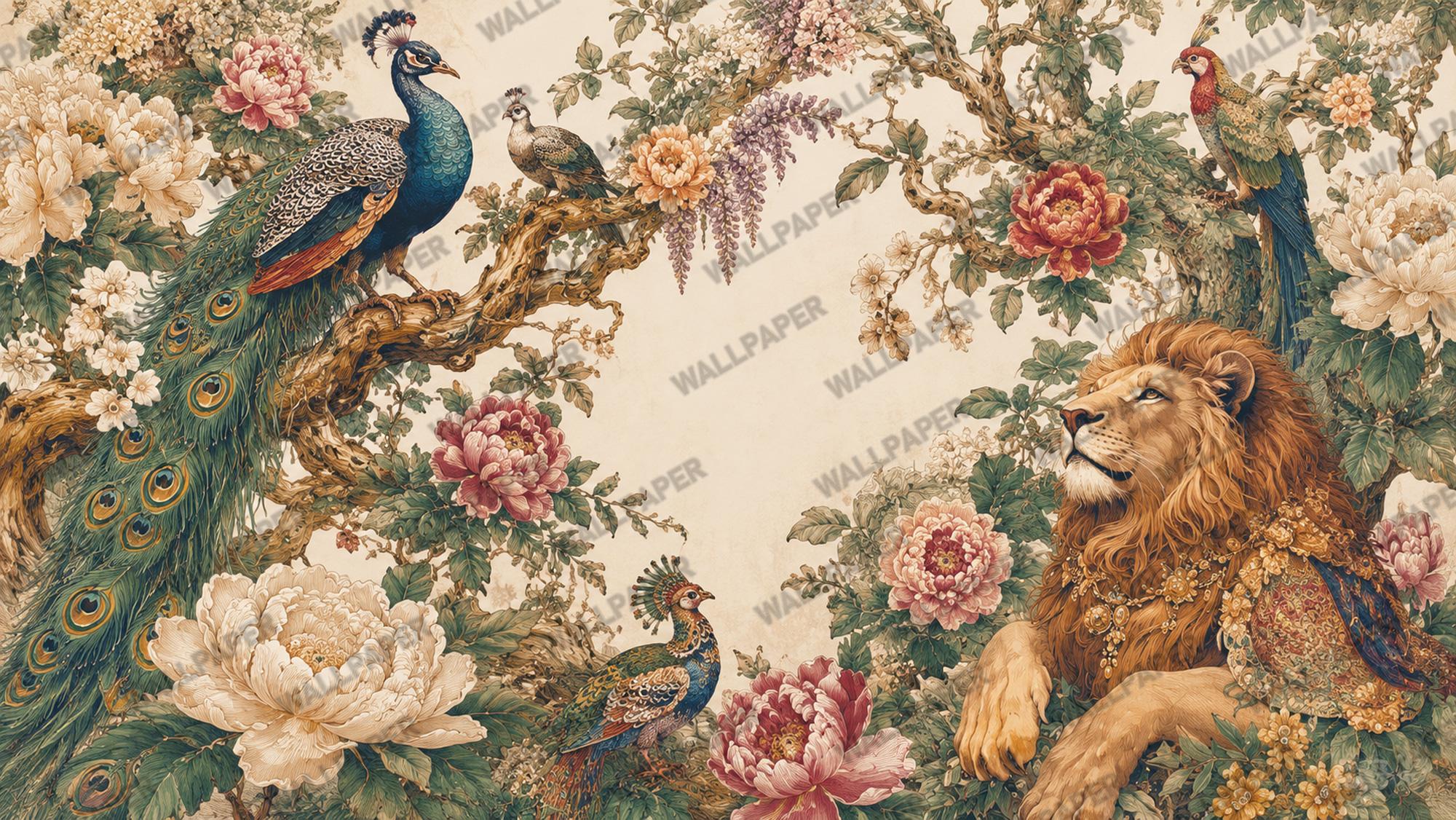 Peacock Lion Wallpaper - Chinoiserie Floral Wall Mural - Luxury Living Room Decor - Custom Size Wallpaper - View 3
