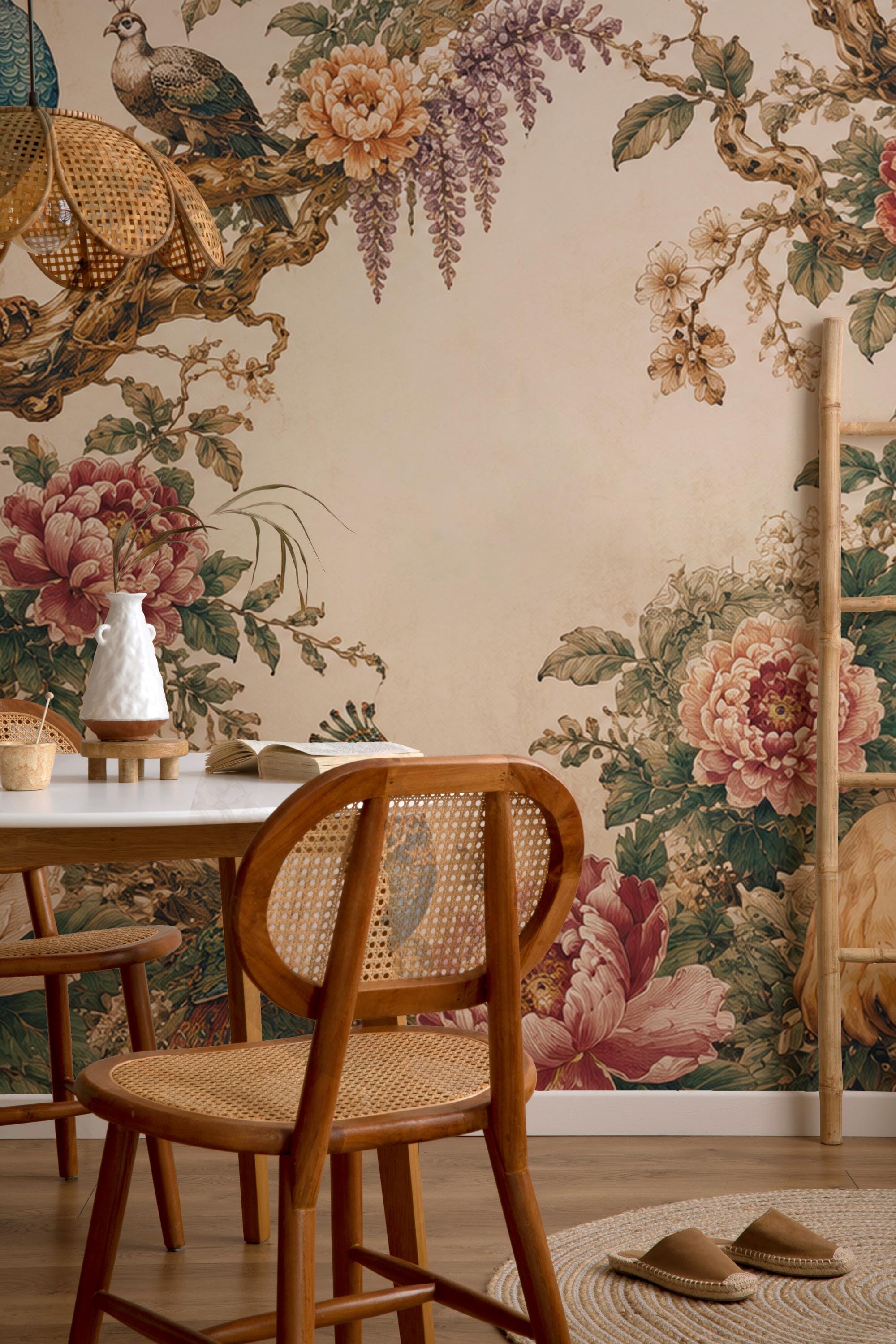 Peacock Lion Wallpaper - Chinoiserie Floral Wall Mural - Luxury Living Room Decor - Custom Size Wallpaper - View 5