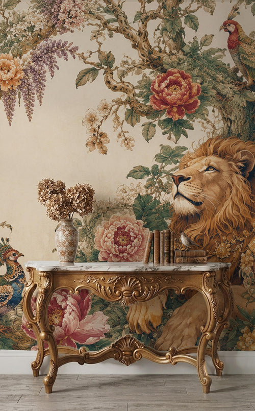 Peacock Lion Wallpaper - Chinoiserie Floral Wall Mural - Luxury Living Room Decor - Custom Size Wallpaper - View 2