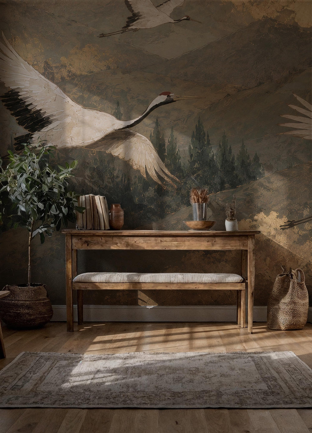 Red Crowned Crane Wallpaper - Woodland Mountain Wall Mural-Size Wallpaper - View 4