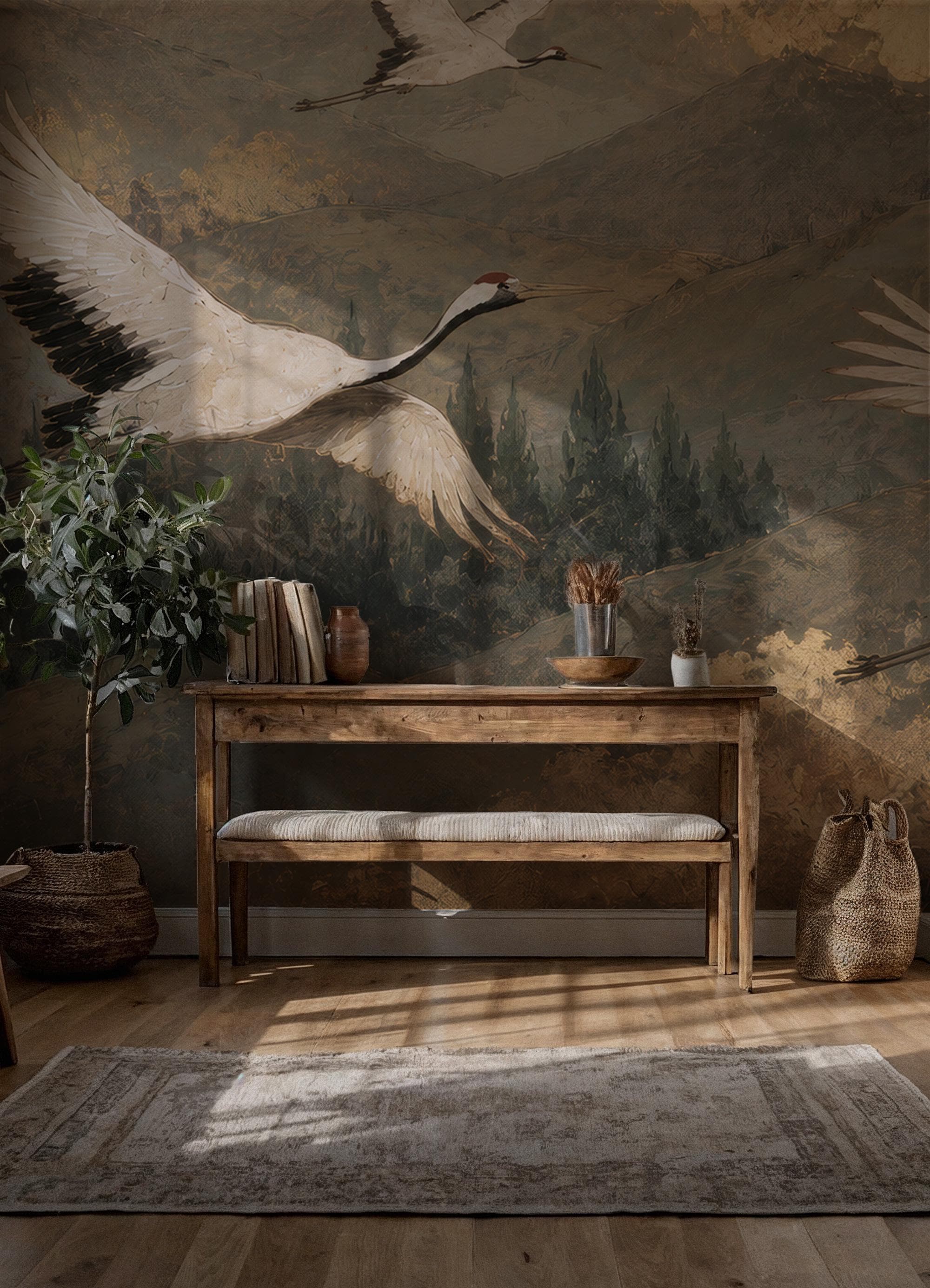 Red Crowned Crane Wallpaper - Woodland Mountain Wall Mural-Size Wallpaper - View 4