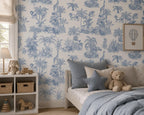 Blue Safari Toile Wallpaper: Jungle Animal Wall Mural