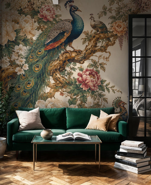 Peacock Lion Wallpaper - Chinoiserie Floral Wall Mural - Luxury Living Room Decor - Custom Size Wallpaper