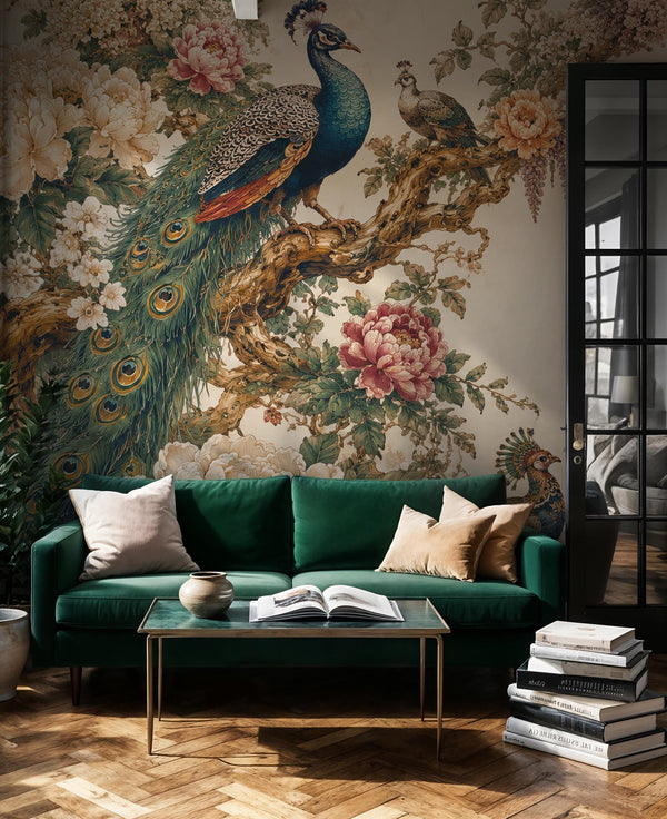Peacock Lion Wallpaper - Chinoiserie Floral Wall Mural - Luxury Living Room Decor - Custom Size Wallpaper