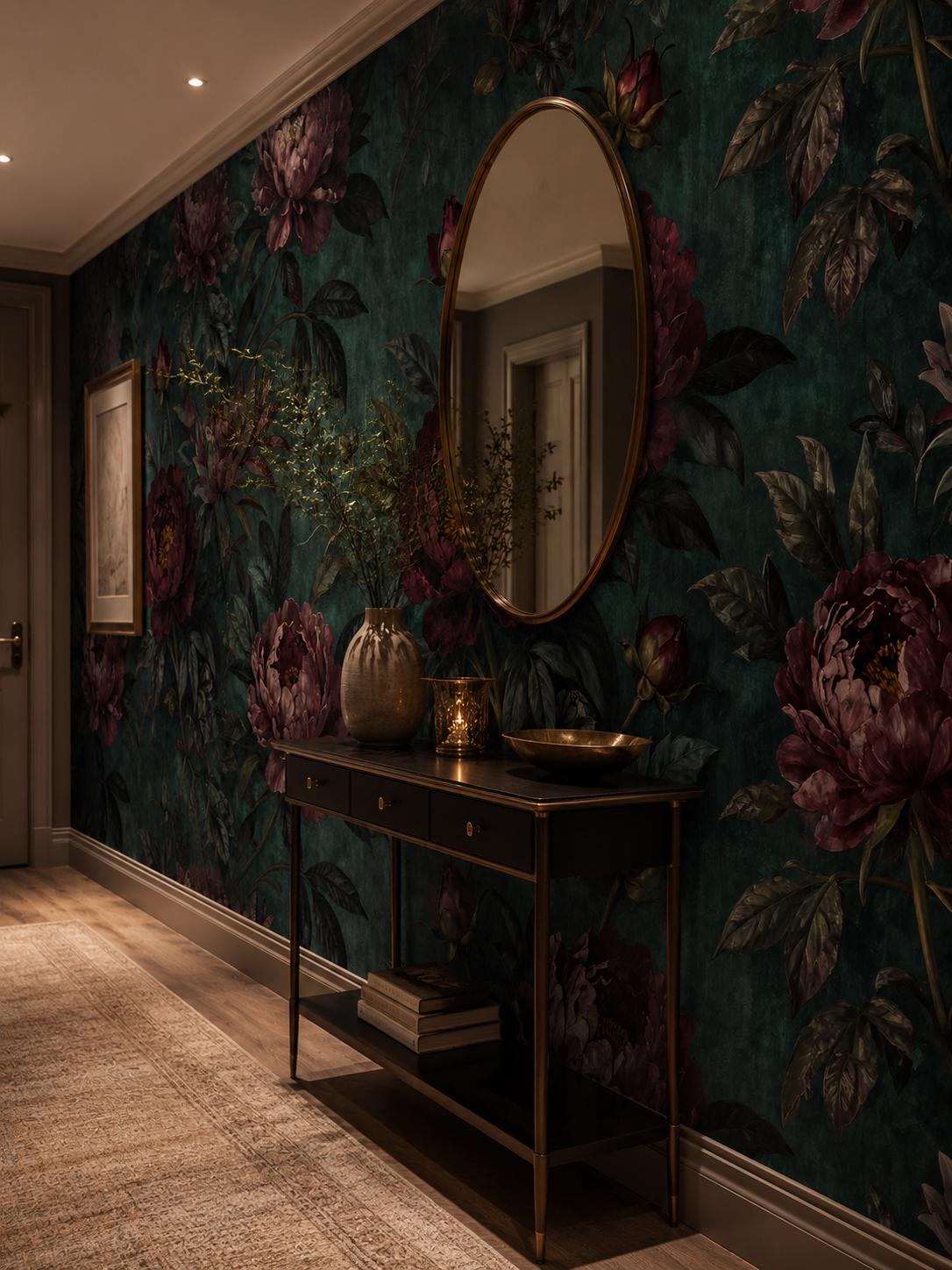 Teal Floral Wallpaper - Burgundy Peony Wall Mural - Maximalist Interior Decor - Custom Size - View 4
