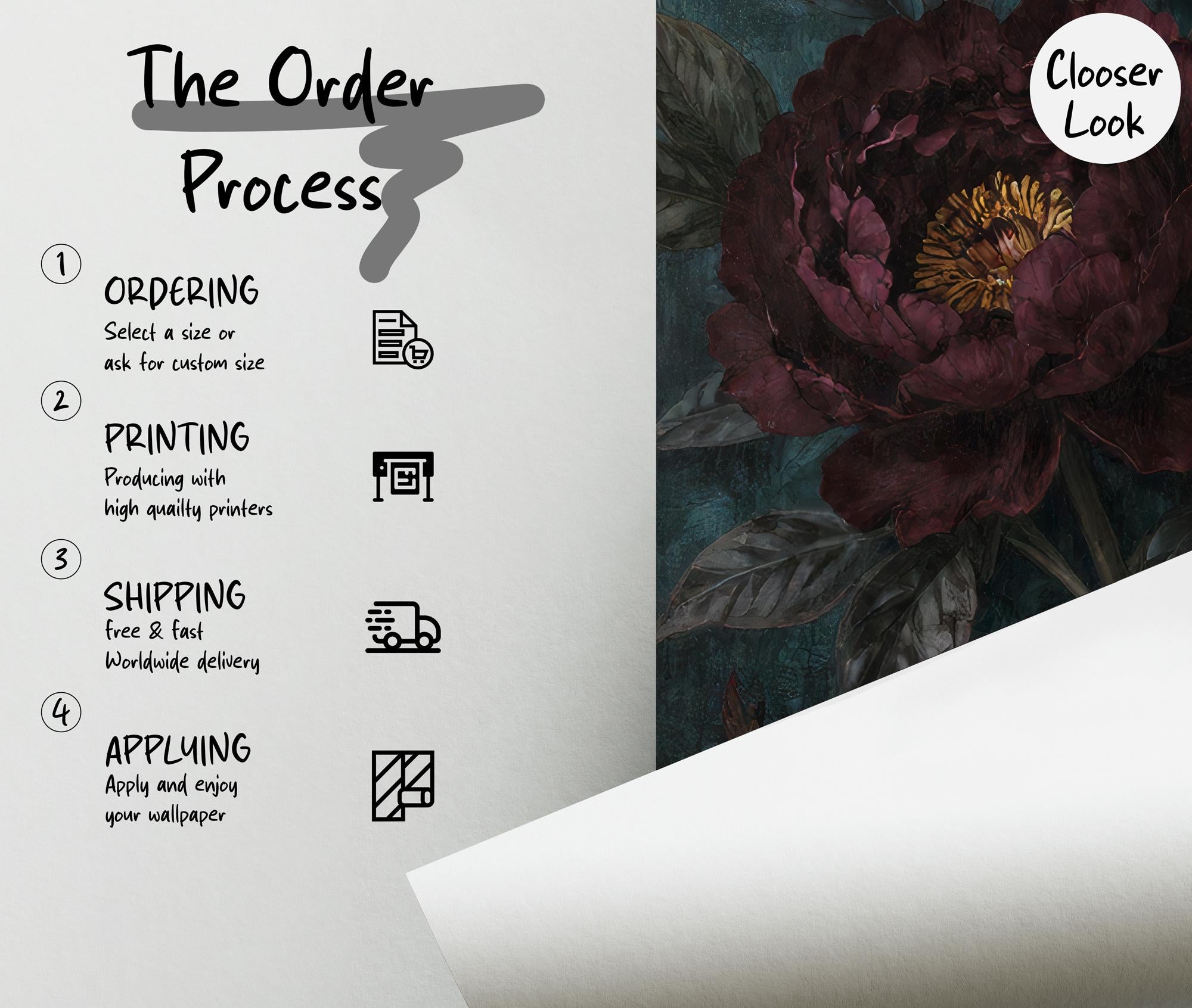 Teal Floral Wallpaper - Burgundy Peony Wall Mural - Maximalist Interior Decor - Custom Size - View 5