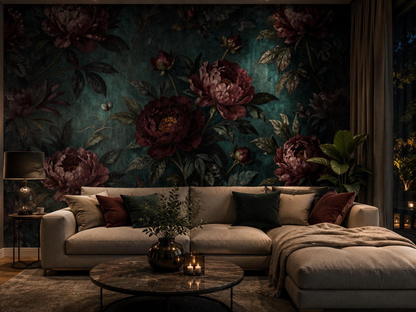 Teal Floral Wallpaper - Burgundy Peony Wall Mural - Maximalist Interior Decor - Custom Size