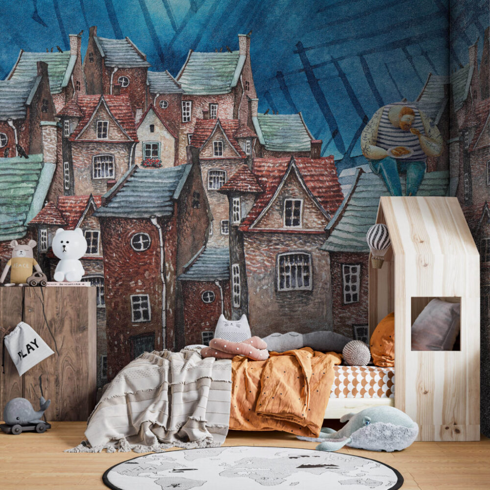 Storybook Town Wallpaper : Red Brick Houses Watercolor Mural