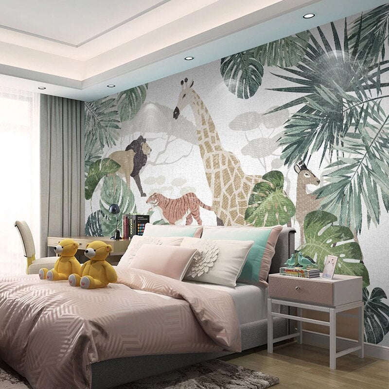Soft Safari Kids Wallpaper : Pastel Tiger Giraffe Lion Jungle Mural - View 4