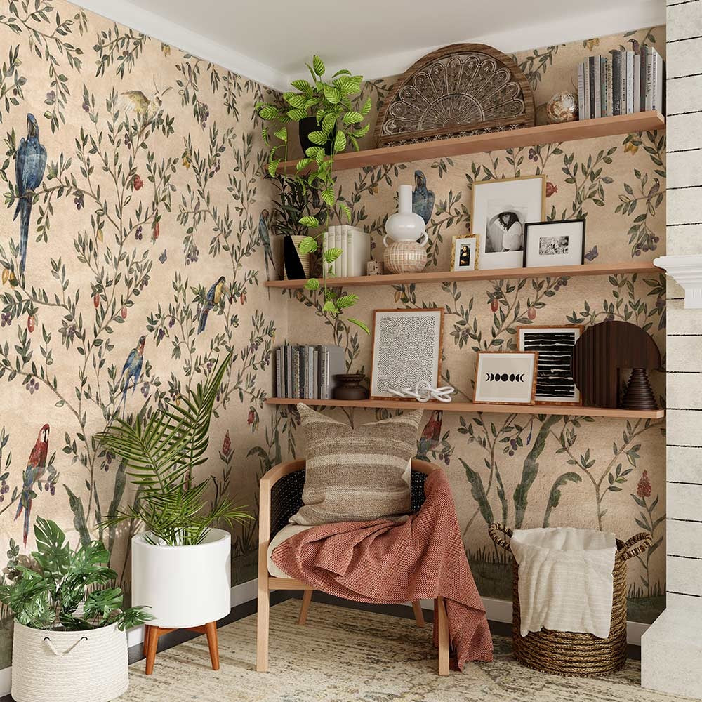 Parrot Branches Wallpaper : Cream Chinoiserie Bird Mural - View 3