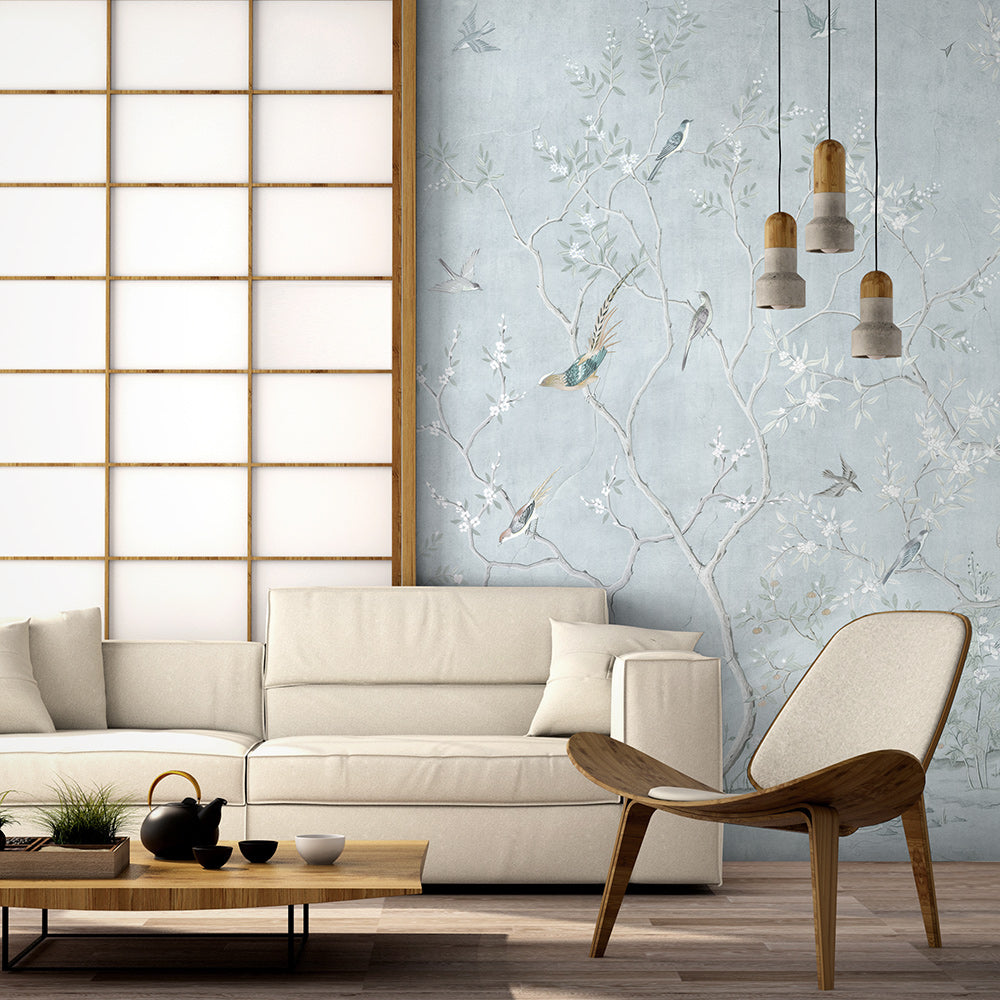 Pale Blue Chinoiserie Wallpaper : Blossom Tree Bird Mural