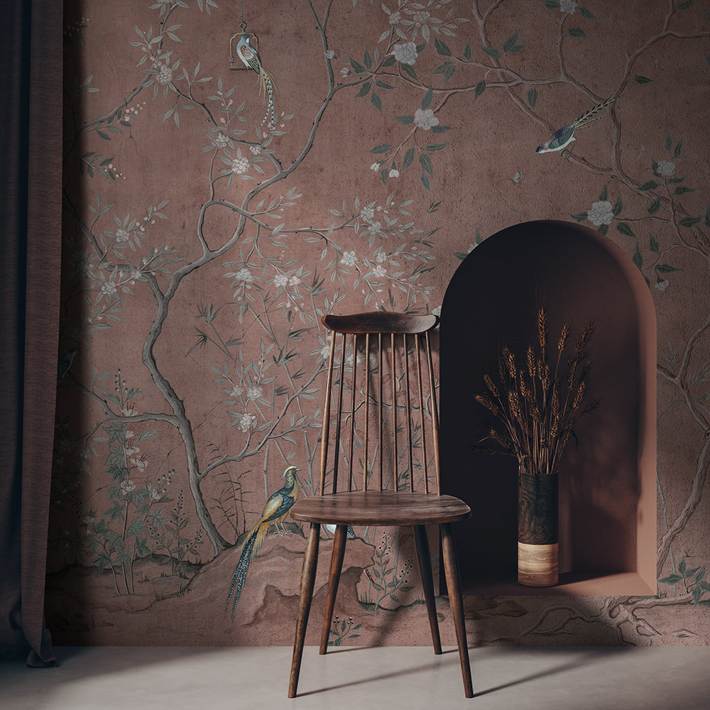 Terracotta Chinoiserie Wallpaper : Blossom Branch Bird Mural